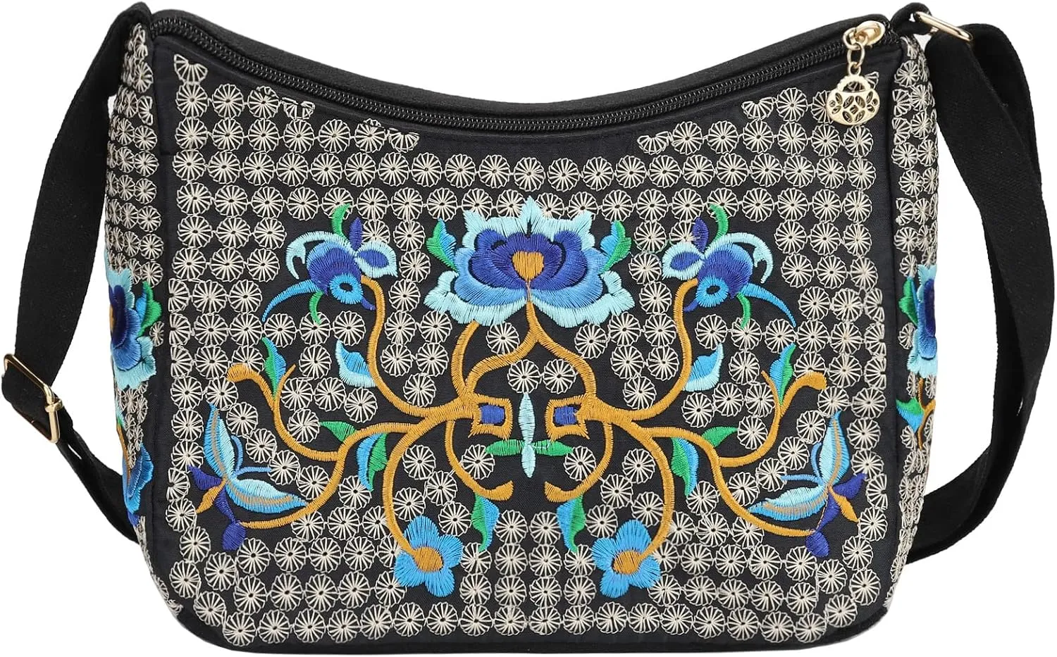 SILKAREA Embroidered Canvas 3 zip Small Crossbody Bag Cell Phone Purse Shoulder Wallet Handbags Wristlet Clutch Bag for Women