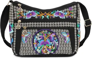 SILKAREA Embroidered Canvas 3 zip Small Crossbody Bag Cell Phone Purse Shoulder Wallet Handbags Wristlet Clutch Bag for Women