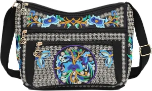 SILKAREA Embroidered Canvas 3 zip Small Crossbody Bag Cell Phone Purse Shoulder Wallet Handbags Wristlet Clutch Bag for Women