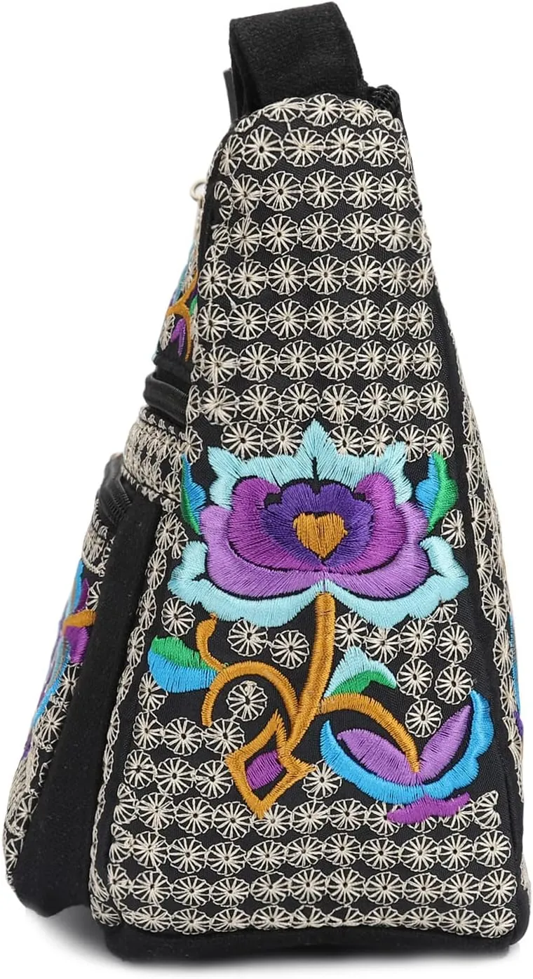 SILKAREA Embroidered Canvas 3 zip Small Crossbody Bag Cell Phone Purse Shoulder Wallet Handbags Wristlet Clutch Bag for Women