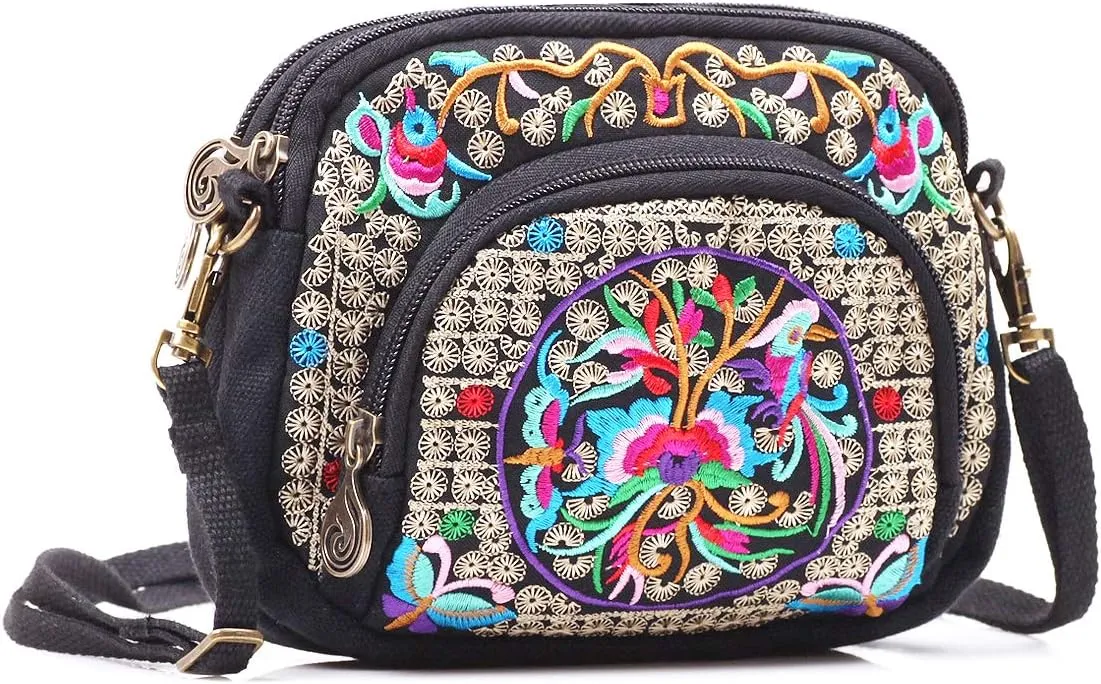 SILKAREA Embroidered Cute Mini Crossbody Bag for Women Small Handbags Wristlet Wallet Bag Cell-phone Pouch Coin Purse