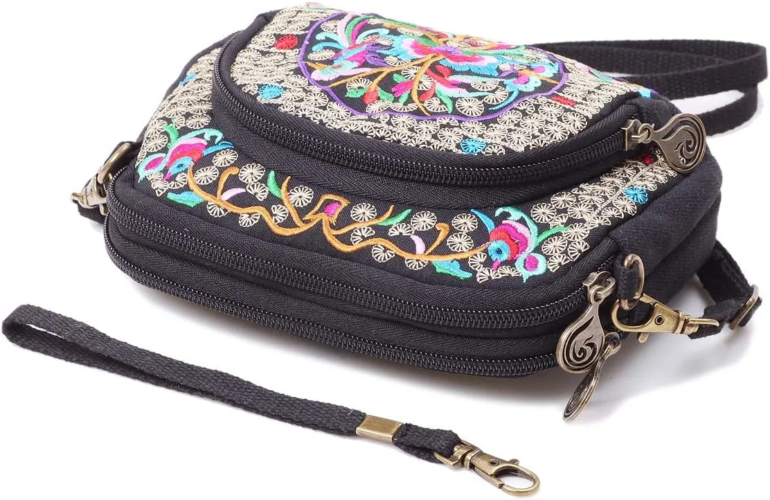 SILKAREA Embroidered Cute Mini Crossbody Bag for Women Small Handbags Wristlet Wallet Bag Cell-phone Pouch Coin Purse
