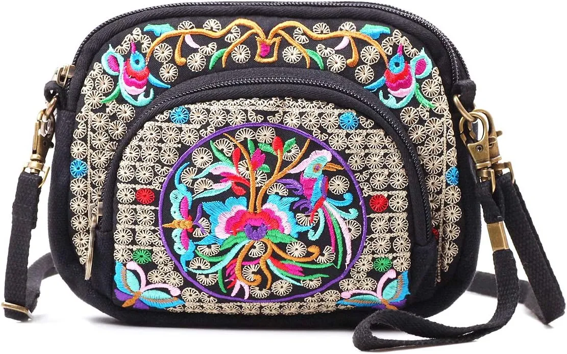 SILKAREA Embroidered Cute Mini Crossbody Bag for Women Small Handbags Wristlet Wallet Bag Cell-phone Pouch Coin Purse