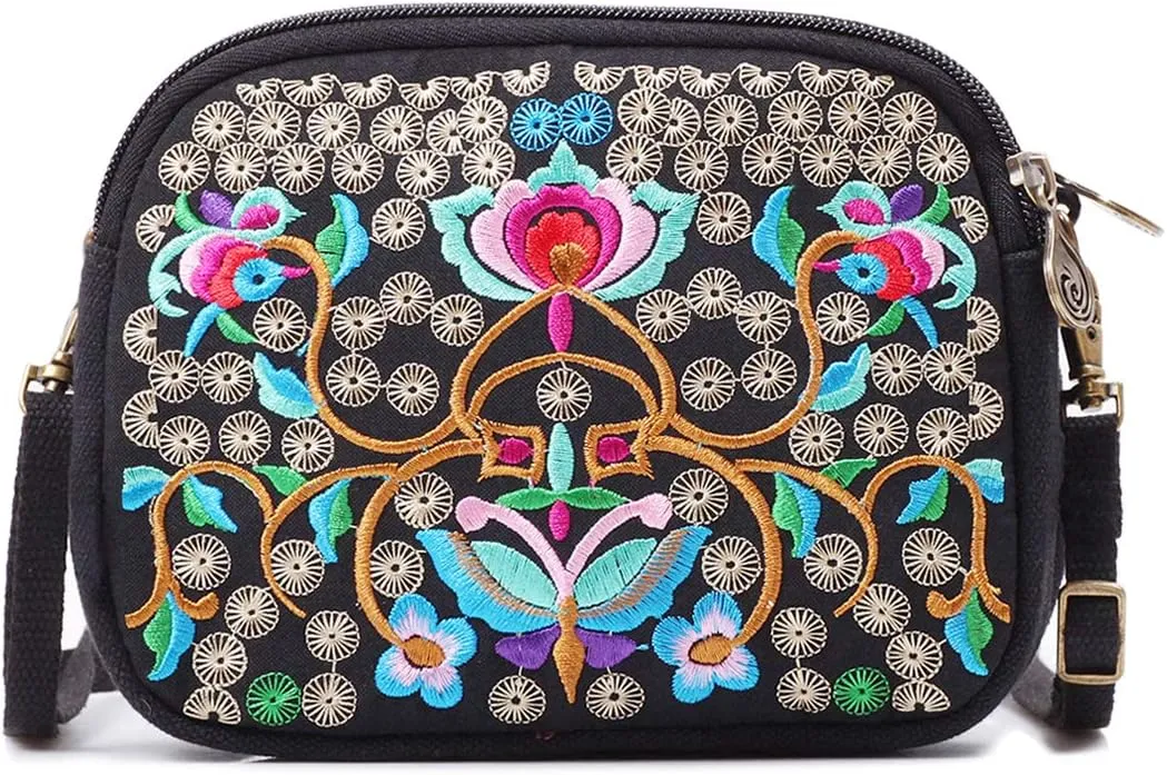 SILKAREA Embroidered Cute Mini Crossbody Bag for Women Small Handbags Wristlet Wallet Bag Cell-phone Pouch Coin Purse