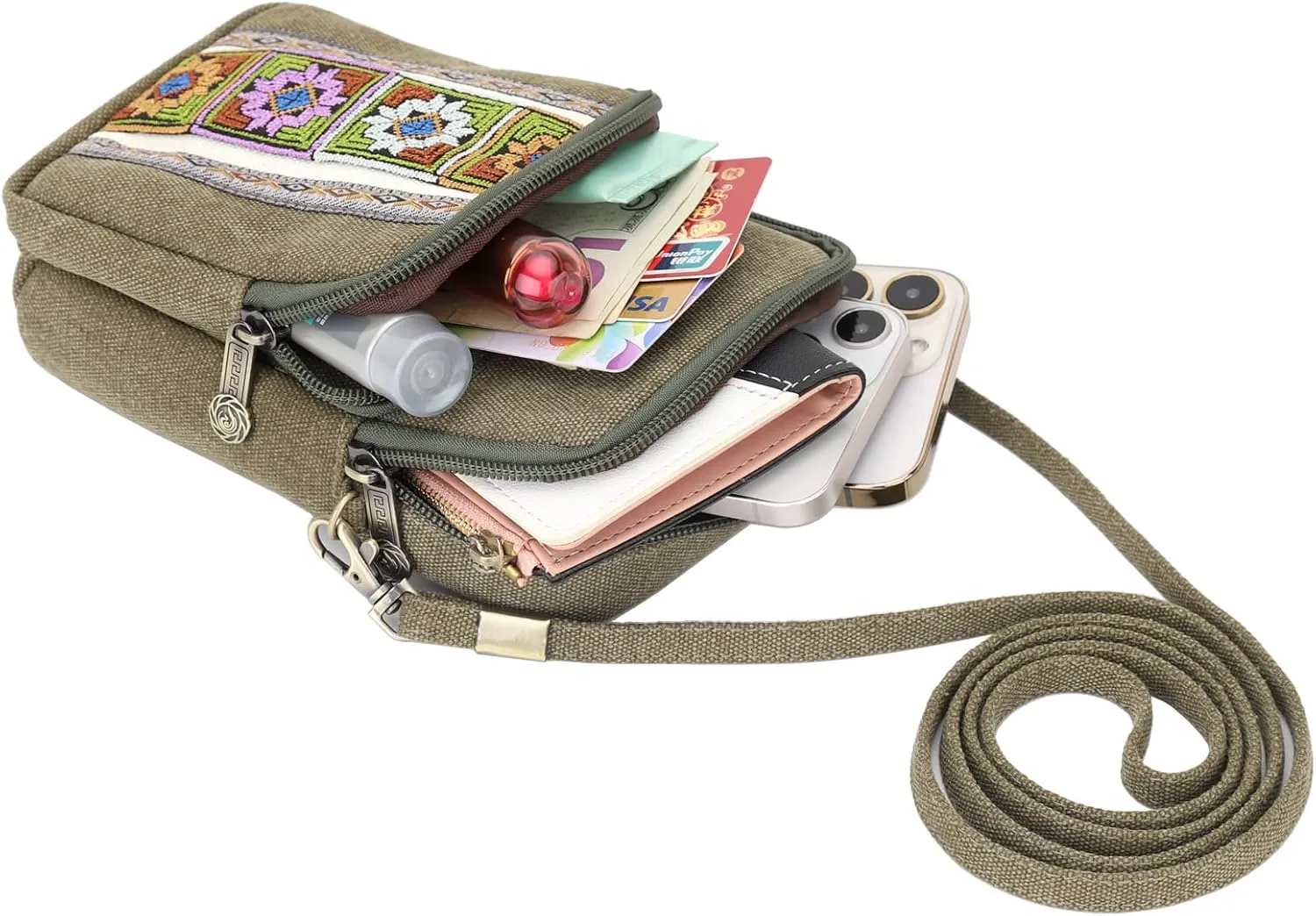 SILKAREA Women Canvas Cell Phone Purse Crossbody Bag Embroidered Small Shoulder Bags Handbags Credit Card Wallet Pouch