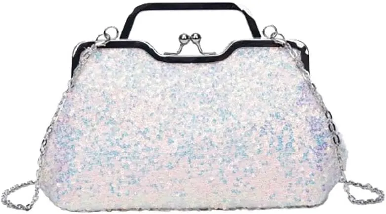 Silver Glitter Purse Crossbody Holographic Light Pink Clutch Sparkle Bag Chain for Women