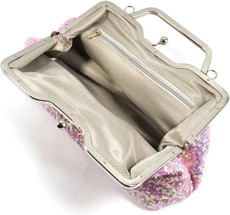Silver Glitter Purse Crossbody Holographic Light Pink Clutch Sparkle Bag Chain for Women