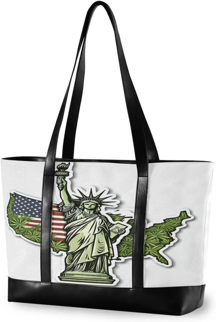 Sinestour Statue Map Tote Bag with Zipper Work Shoulder Handbag with Compartments Canvas Tote Purse for Travel Ladies Women