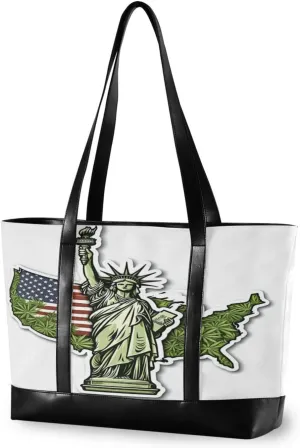 Sinestour Statue Map Tote Bag with Zipper Work Shoulder Handbag with Compartments Canvas Tote Purse for Travel Ladies Women