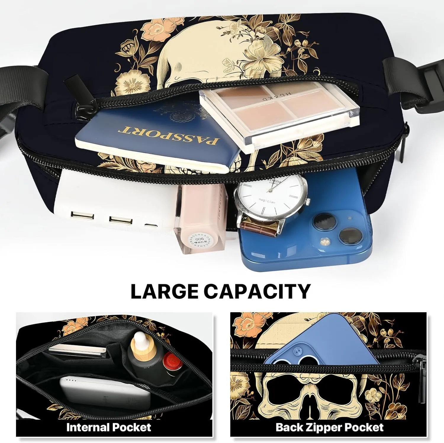 Skull Fanny Pack for Women Casual Belt Bag Waterproof Purse Lightweight Waist Bags with Adjustable Straps Wallet Travel Presents Workout