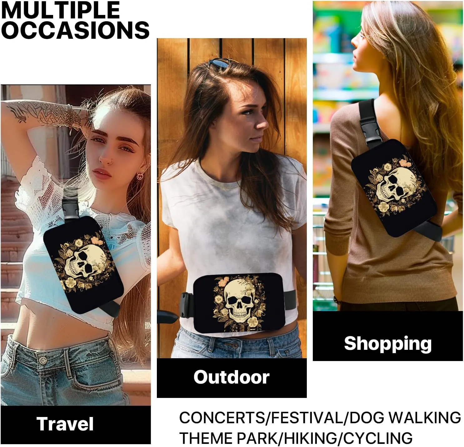Skull Fanny Pack for Women Casual Belt Bag Waterproof Purse Lightweight Waist Bags with Adjustable Straps Wallet Travel Presents Workout