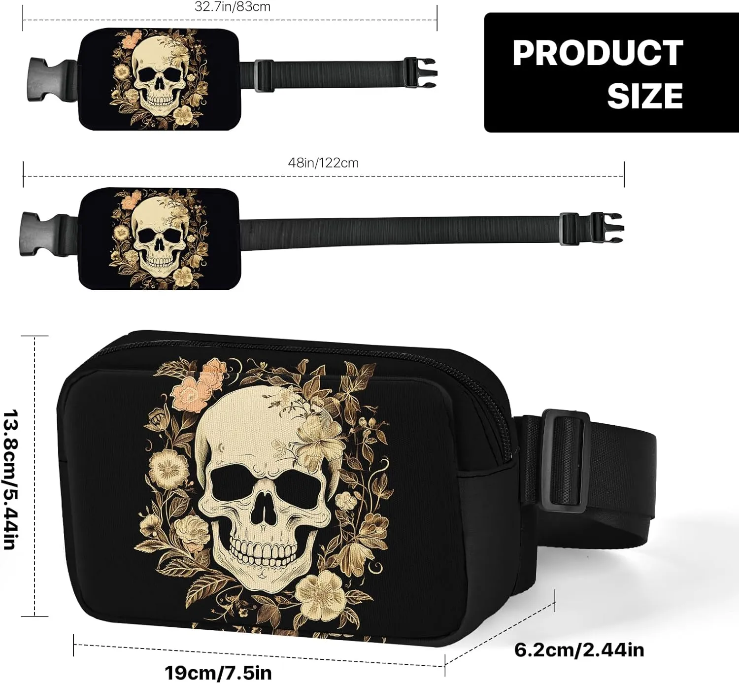 Skull Fanny Pack for Women Casual Belt Bag Waterproof Purse Lightweight Waist Bags with Adjustable Straps Wallet Travel Presents Workout