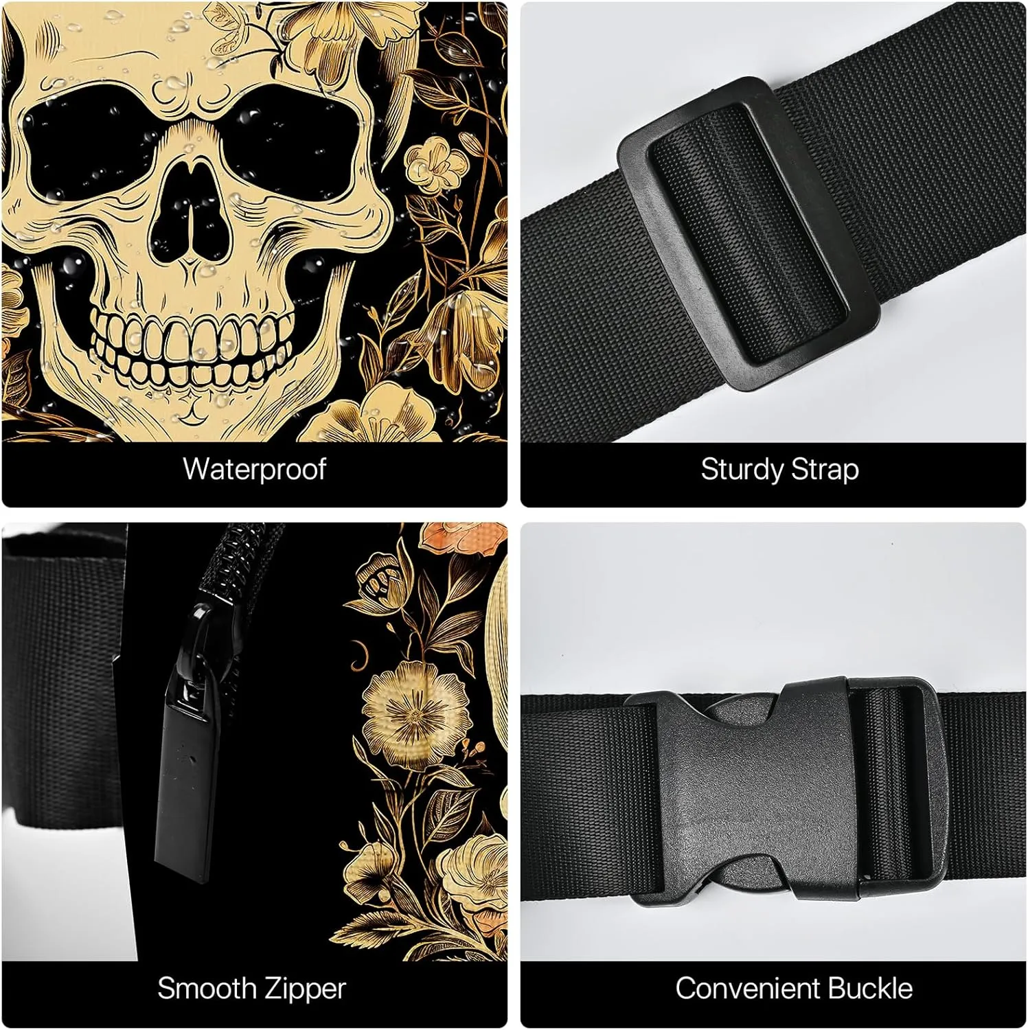 Skull Fanny Pack for Women Casual Belt Bag Waterproof Purse Lightweight Waist Bags with Adjustable Straps Wallet Travel Presents Workout