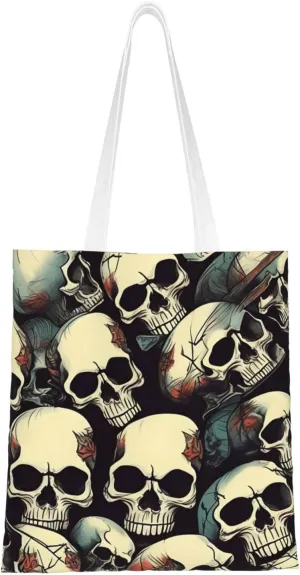 Skull Skeleton Print Canvas Tote Bag Reusable Shoulder Shopping Bags For Daily Use Shopping Travel