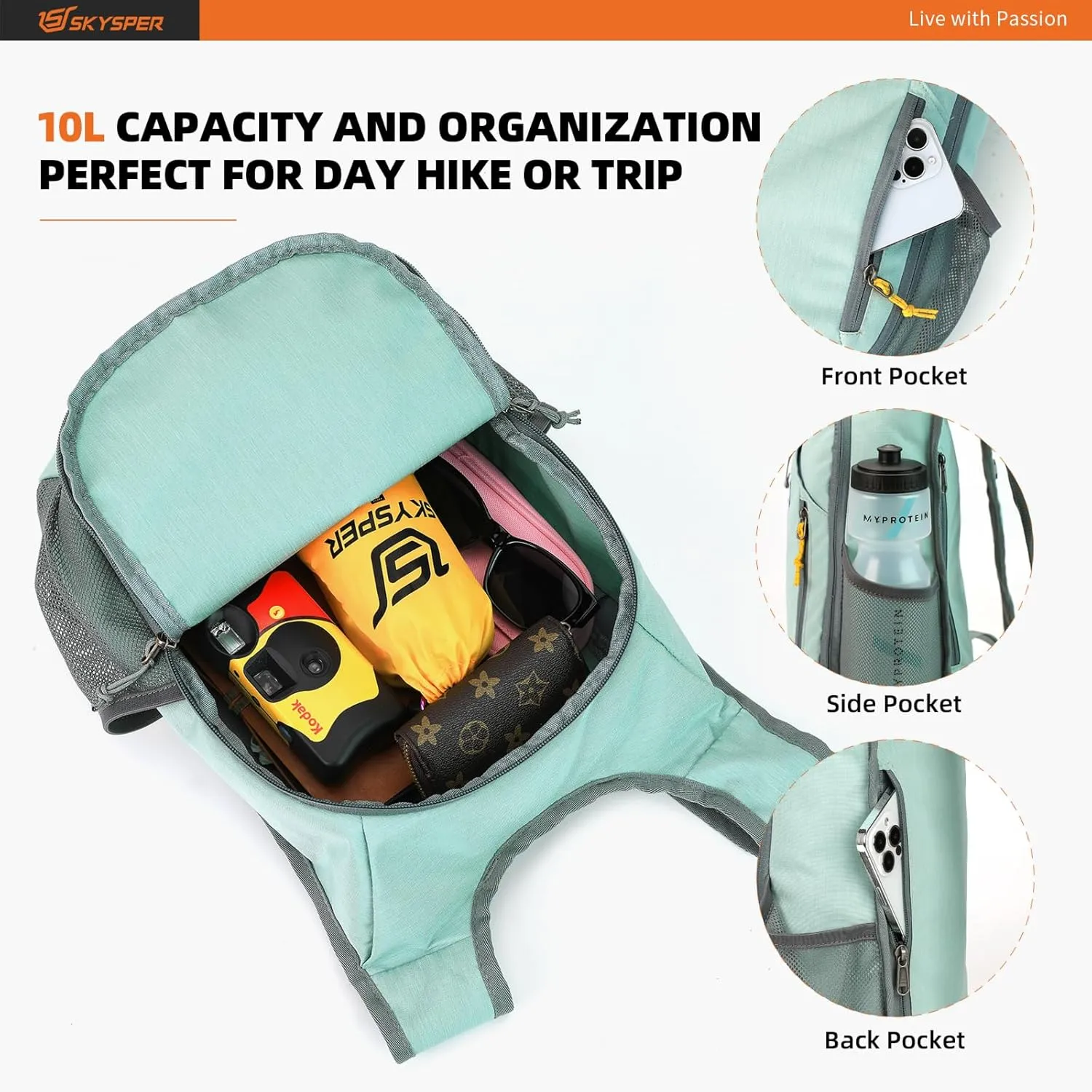 SKYSPER 10L Hiking Backpack Small Hiking Daypack Packable Lightweight Travel Day Pack for Women Men(Mintgreen)