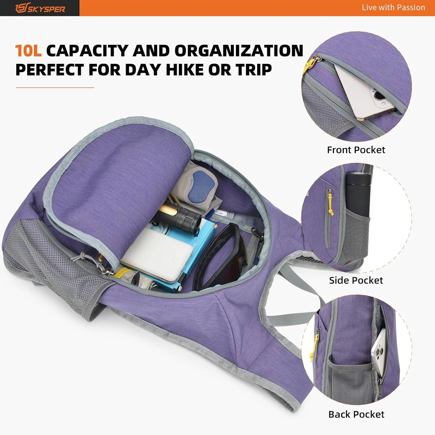 SKYSPER 10L Hiking Backpack Small Hiking Daypack Packable Lightweight Travel Day Pack for Women Men(Purple)