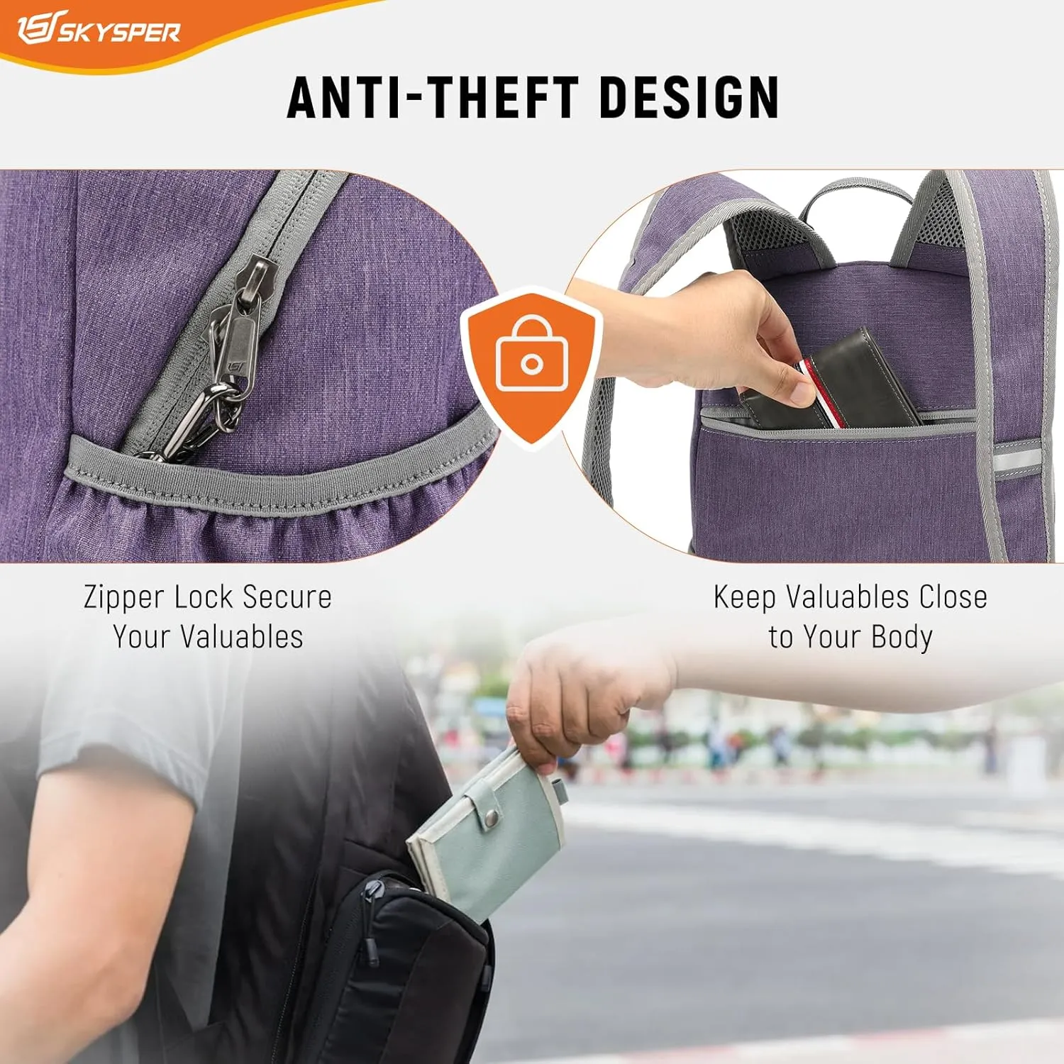 SKYSPER Anti Theft Hiking Backpack RFID Packable Travel Daypack Lightweight Foldable Back Pack for Walking Daytrip