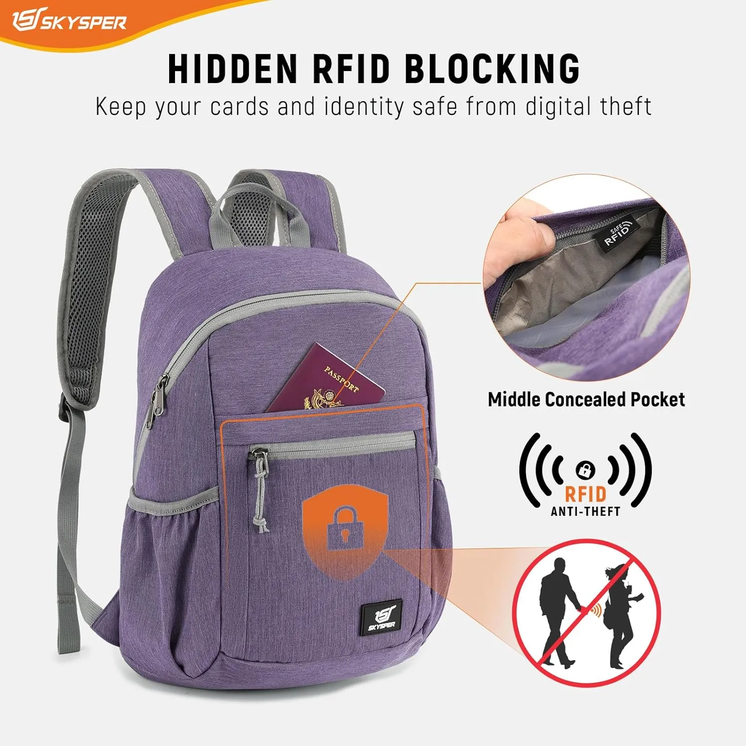 SKYSPER Anti Theft Hiking Backpack RFID Packable Travel Daypack Lightweight Foldable Back Pack for Walking Daytrip