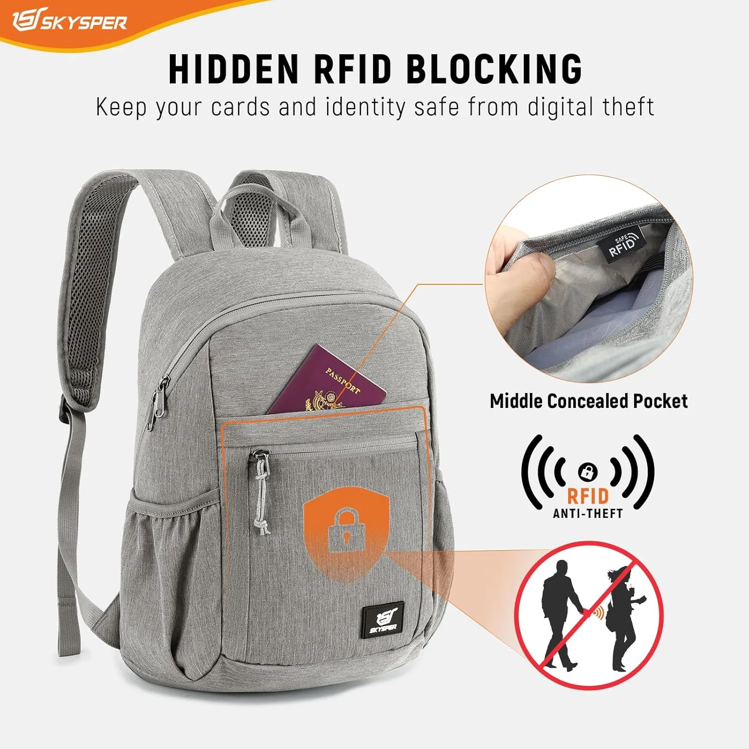 SKYSPER Anti Theft Hiking Backpack RFID Packable Travel Daypack Lightweight Foldable Back Pack for Walking Daytrip