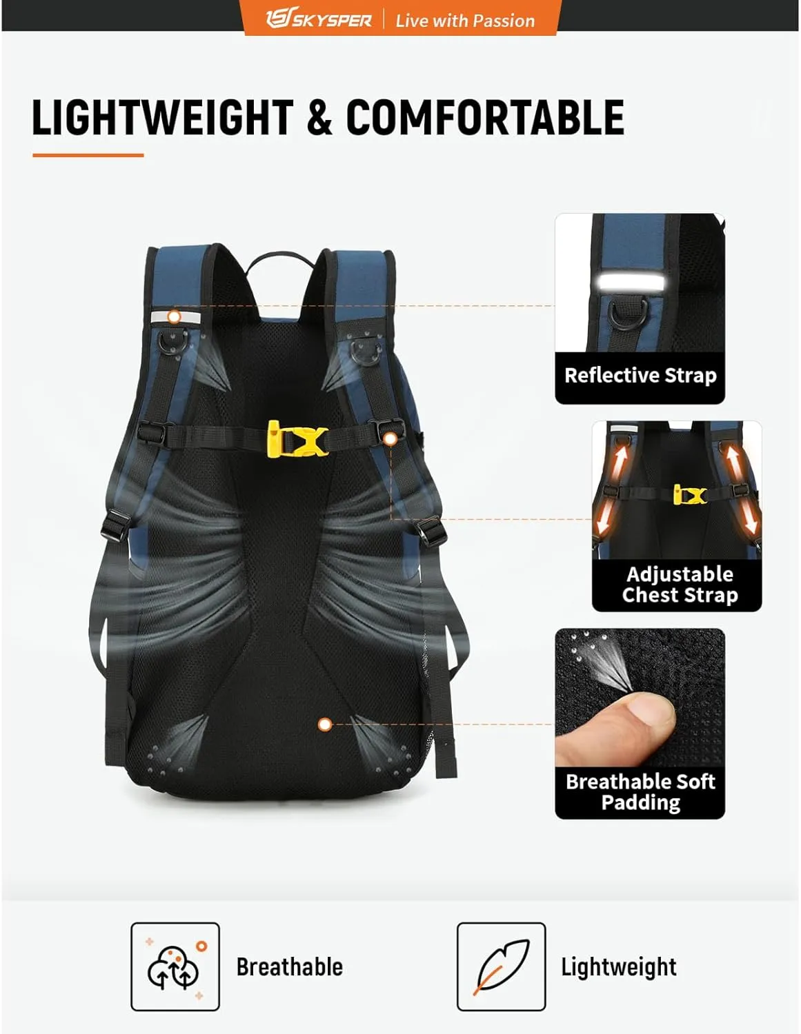 SKYSPER Hiking Backpack 30L Lightweight Travel Backpack Hiking Day Pack for Men Women(Blue)