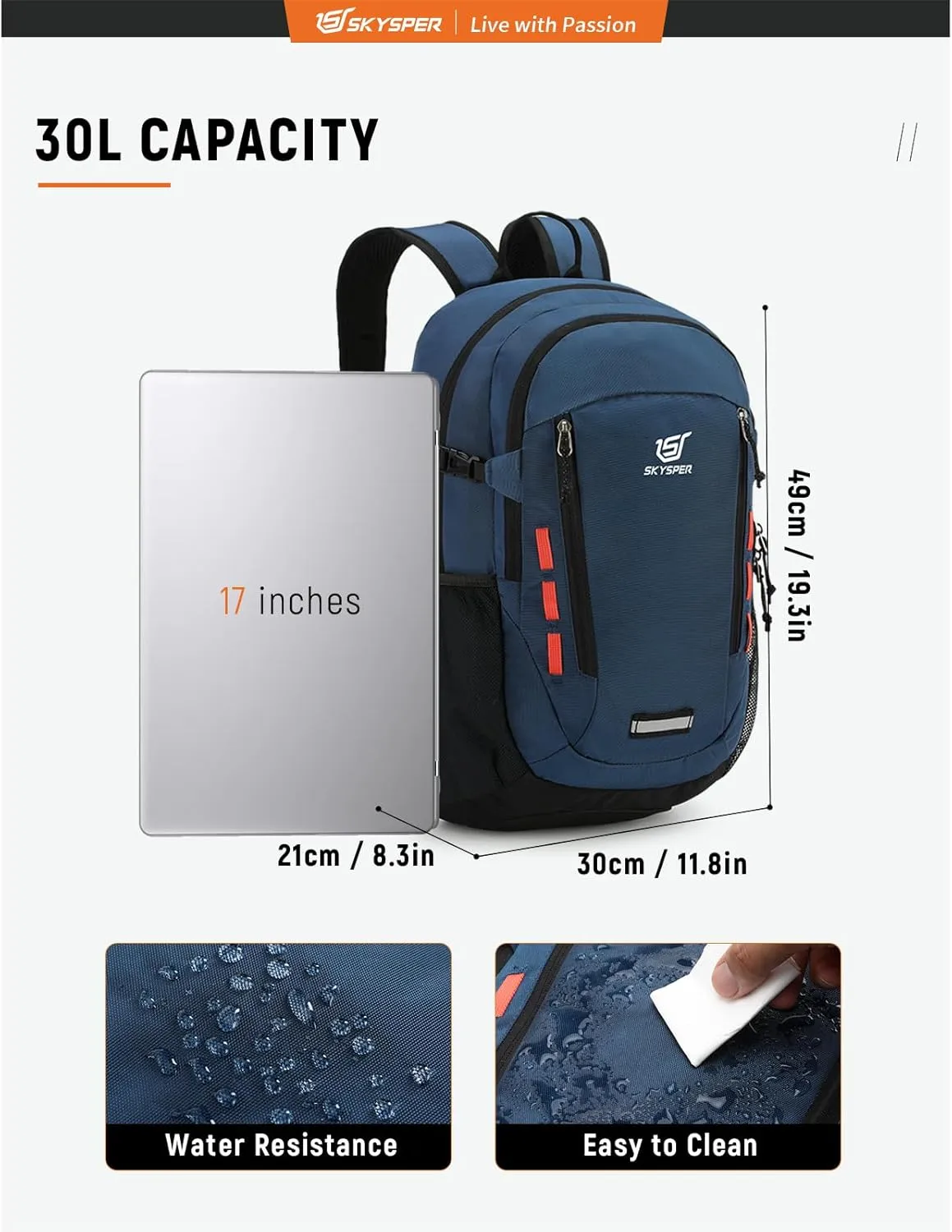 SKYSPER Hiking Backpack 30L Lightweight Travel Backpack Hiking Day Pack for Men Women(Blue)