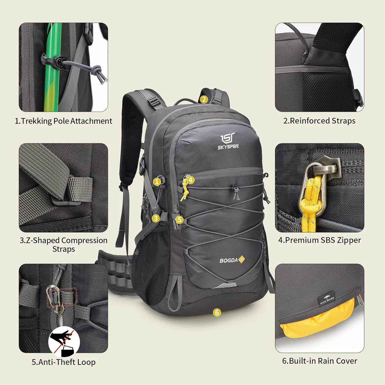 SKYSPER Hiking Backpack for Men Women, 35L Travel Backpack Waterproof Camping Backpack Outdoor Lightweight Daypack