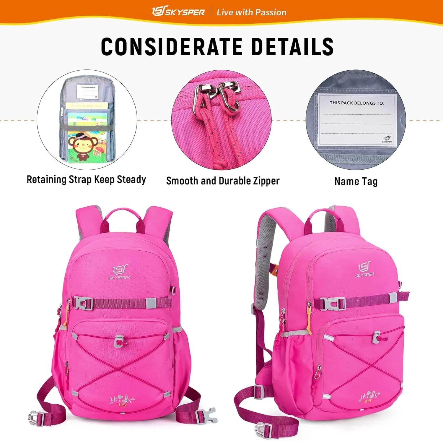 SKYSPER Kids Backpack - 15L Travel Backpacking Small Age 4-6 Ergonomical Design Multi-compartment Breathable Day Pack Preschool Kindergarten Bag