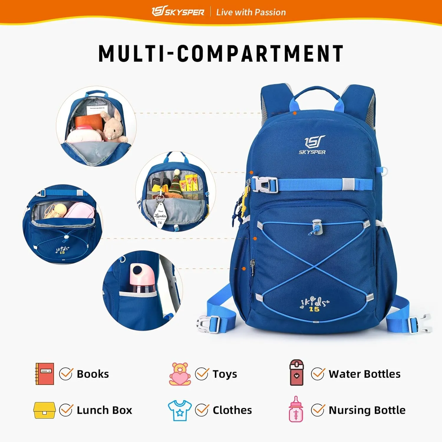 SKYSPER Kids Backpack - 15L Travel Backpacking Small Age 4-6 Ergonomical Design Multi-compartment Breathable Day Pack Preschool Kindergarten Bag