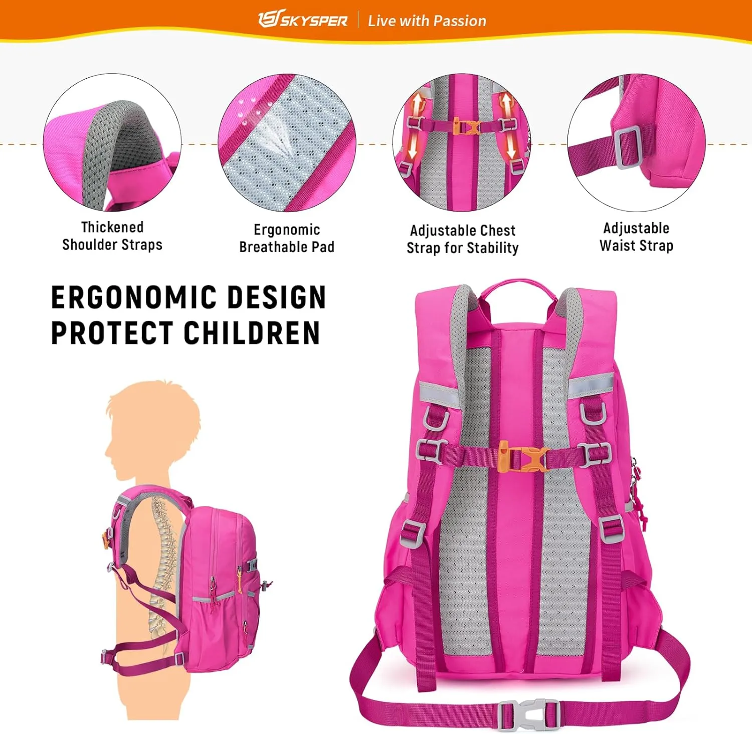 SKYSPER Kids Backpack - 15L Travel Backpacking Small Age 4-6 Ergonomical Design Multi-compartment Breathable Day Pack Preschool Kindergarten Bag