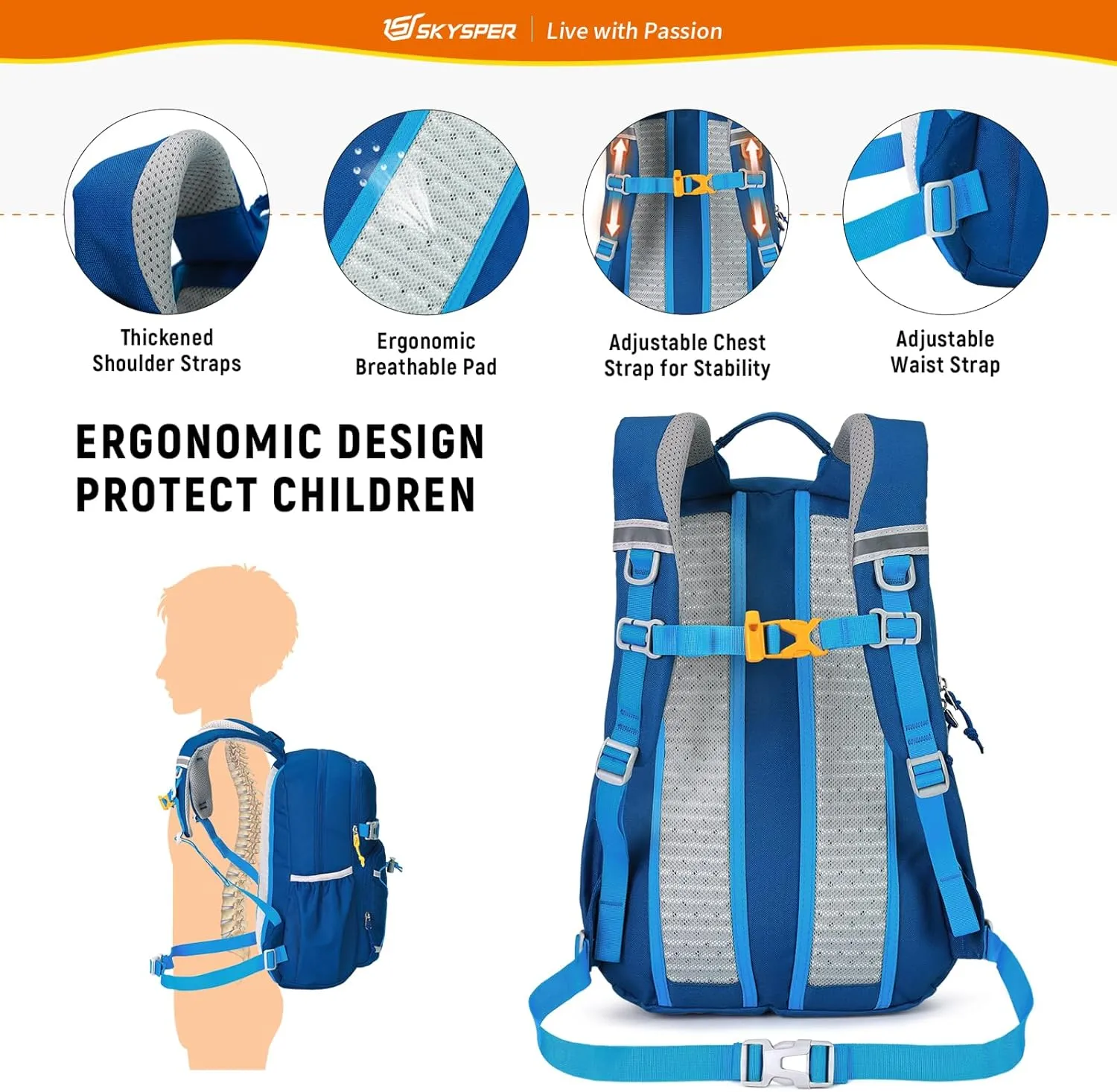SKYSPER Kids Backpack - 15L Travel Backpacking Small Age 4-6 Ergonomical Design Multi-compartment Breathable Day Pack Preschool Kindergarten Bag