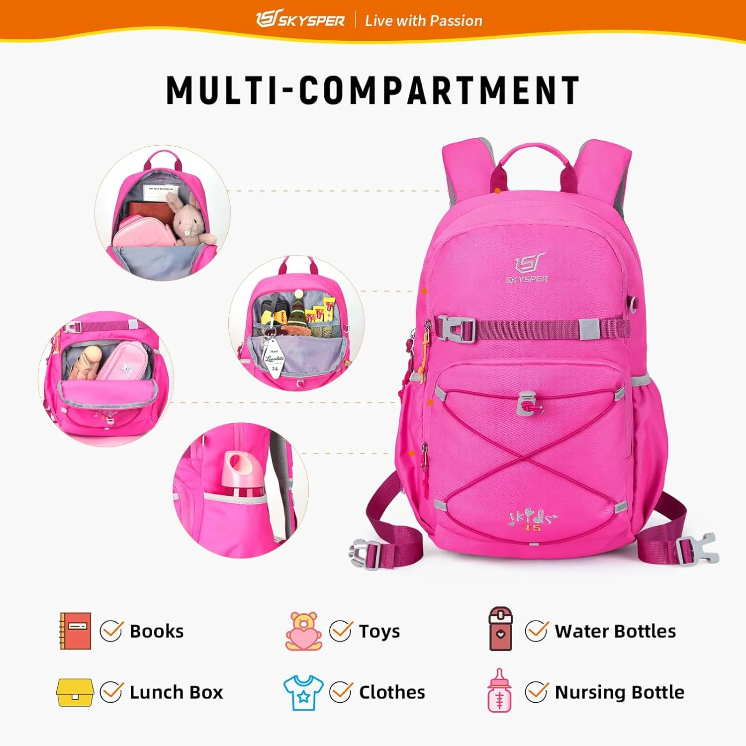 SKYSPER Kids Backpack - 15L Travel Backpacking Small Age 4-6 Ergonomical Design Multi-compartment Breathable Day Pack Preschool Kindergarten Bag