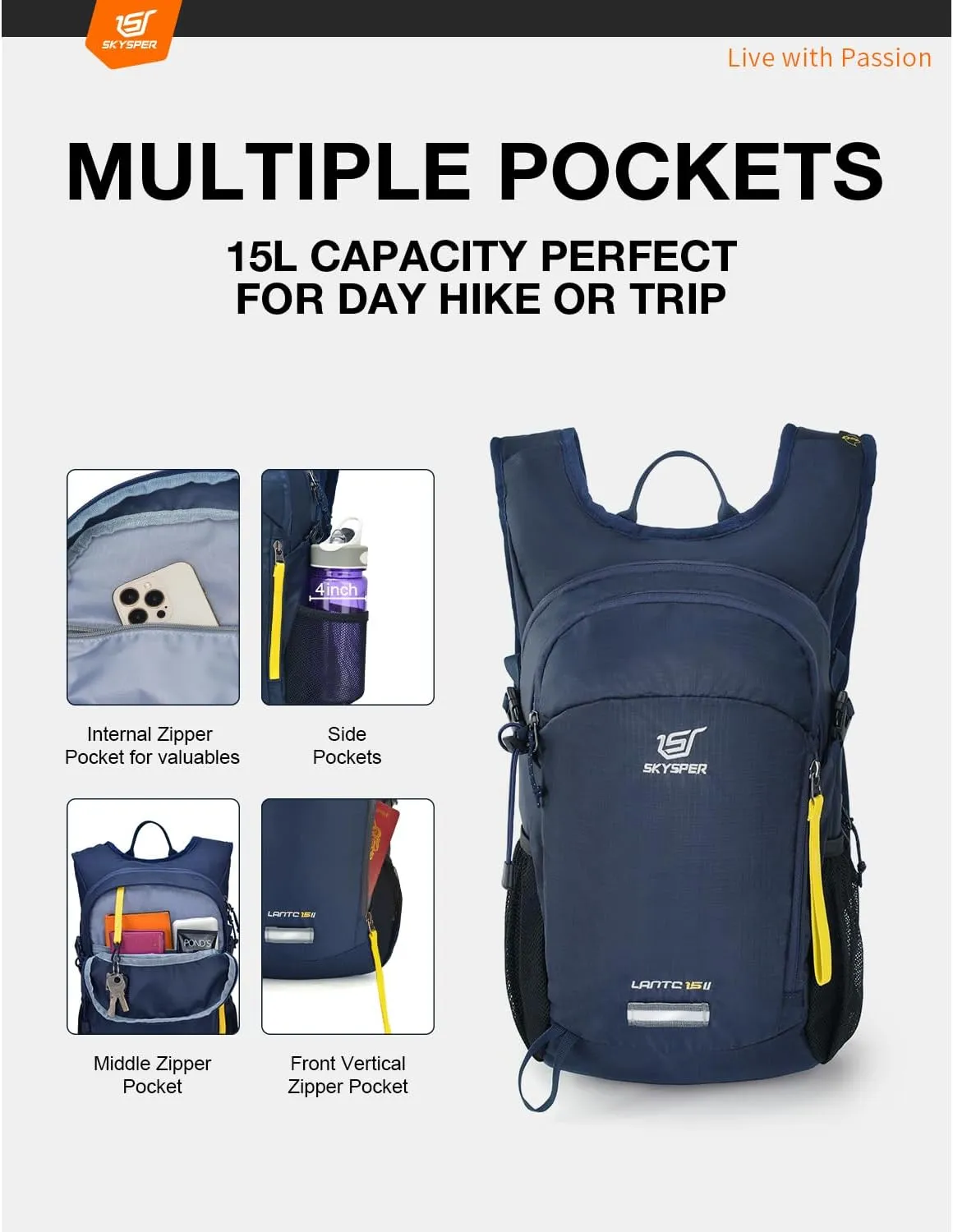 SKYSPER Small Hiking Backpack 15L Lightweight Travel Daypack for Camping Travelling Breathable Walking Daybag for Women Men
