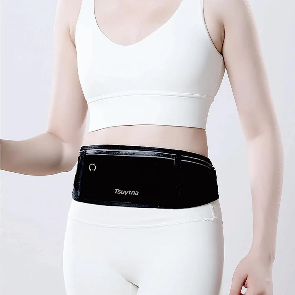 Slim Running Belt Fanny Pack for Men Women, Running Phone Holder Runners Pouch Waist Pack for Workout, Money Belt, 3 Pockets Running Gear Accessories Fits ALL Phones (Black)