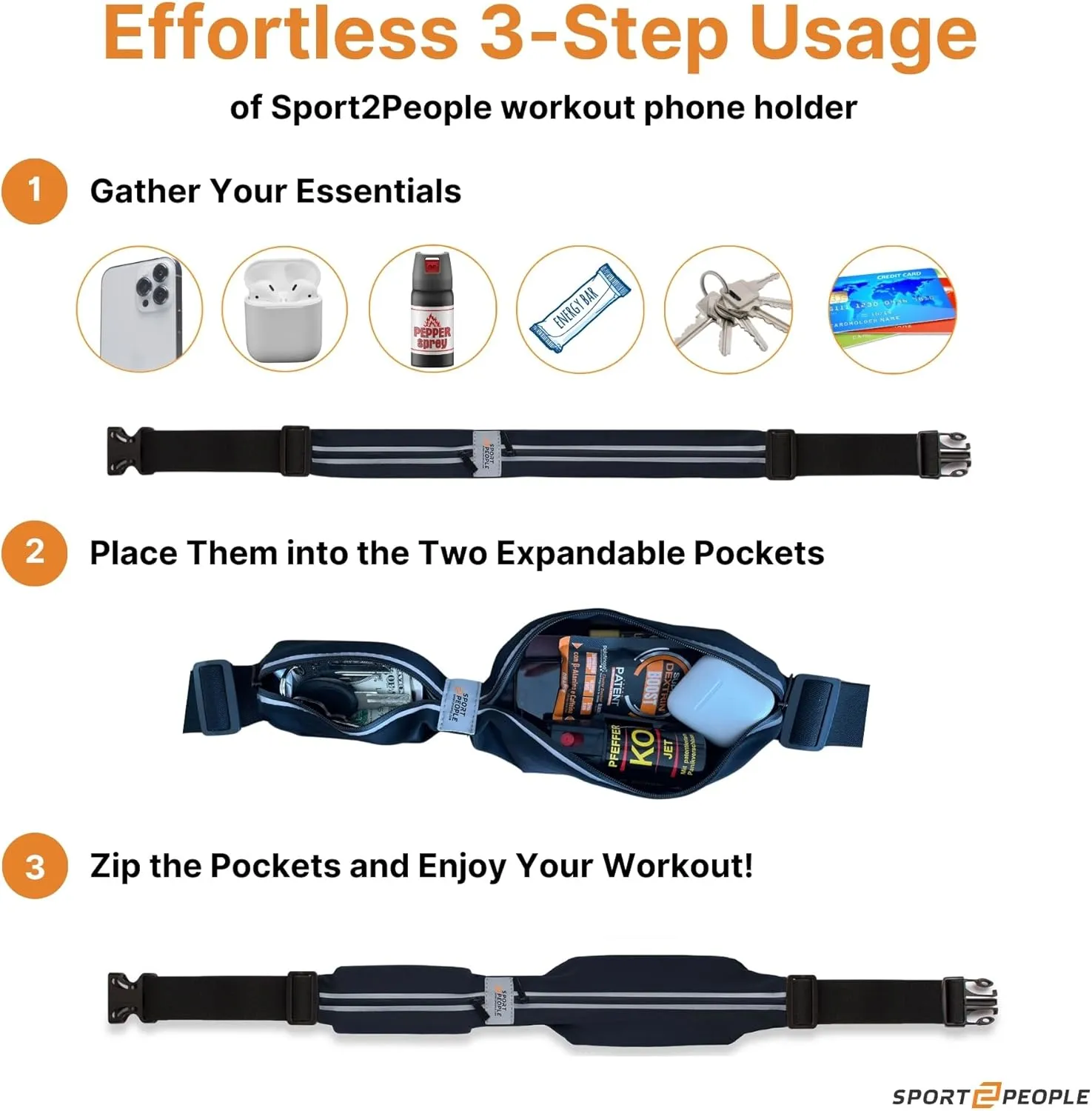 Slim Running Belt for Women and Men, Waterproof Phone Holder for Running, Reflective 2-Pocket Waist Pack for Storing Runner’s Essentials Safely, Runner’s Fanny Pack, Money Belt Fits Most Phones
