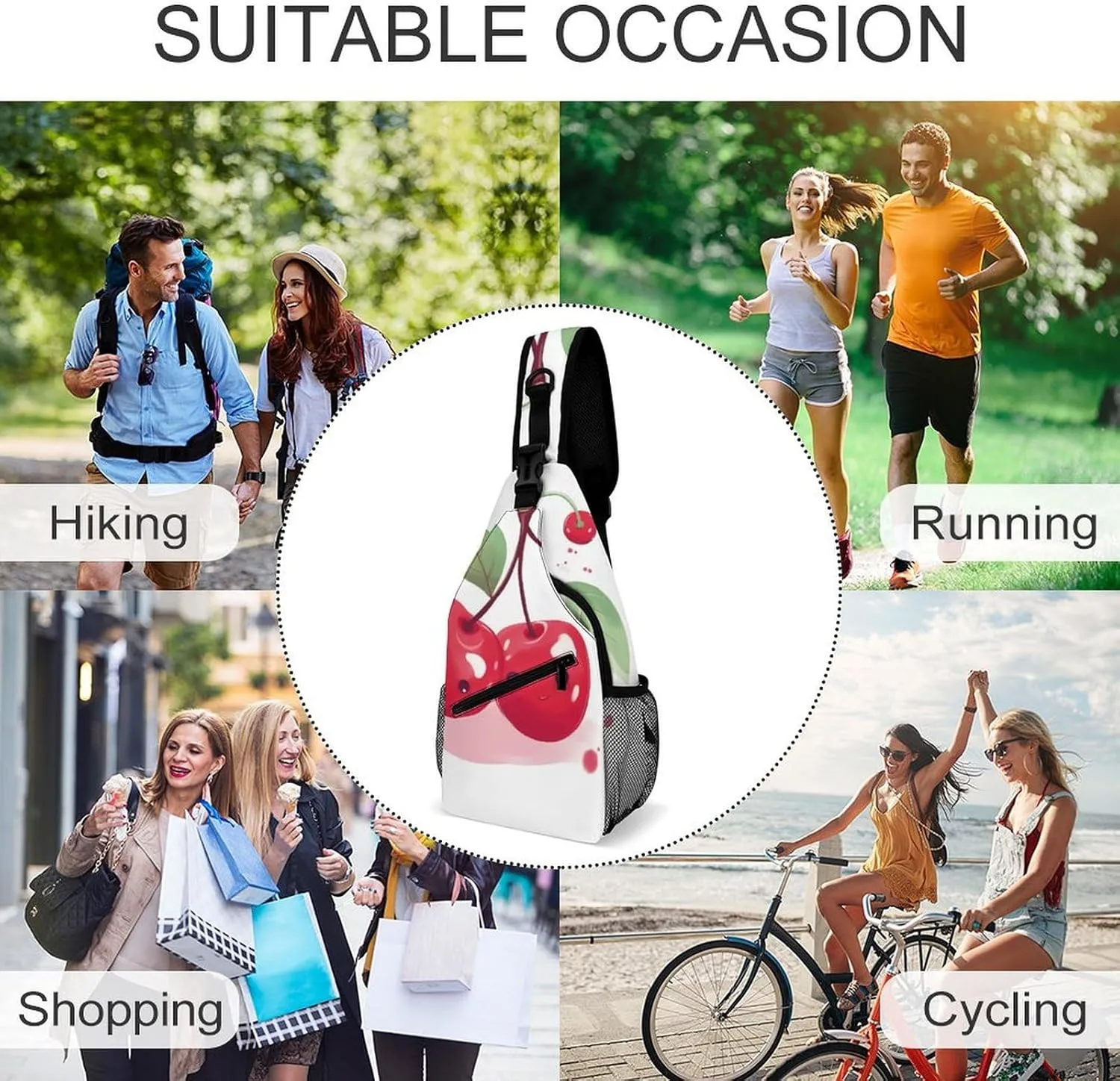 Sling Bag for Women Travel Crossbody Cute Cherry Fanny Pack Casual Daypack Cross Body Chest Bag, 38x20cm