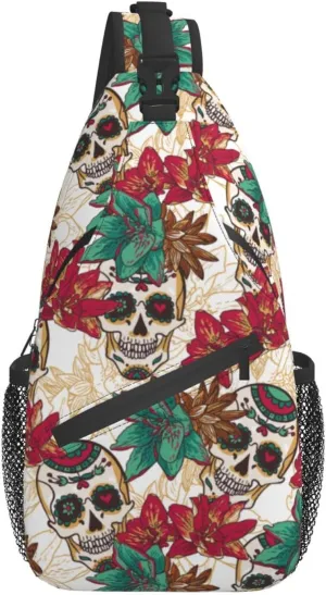 Sling Bag Skull Flower Sugar Crossbody Backpack for Women & Men - Hiking, Travel, Cycling - Lightweight, Small Daypack, One Strap, Chest Bag, Purse, Outdoor