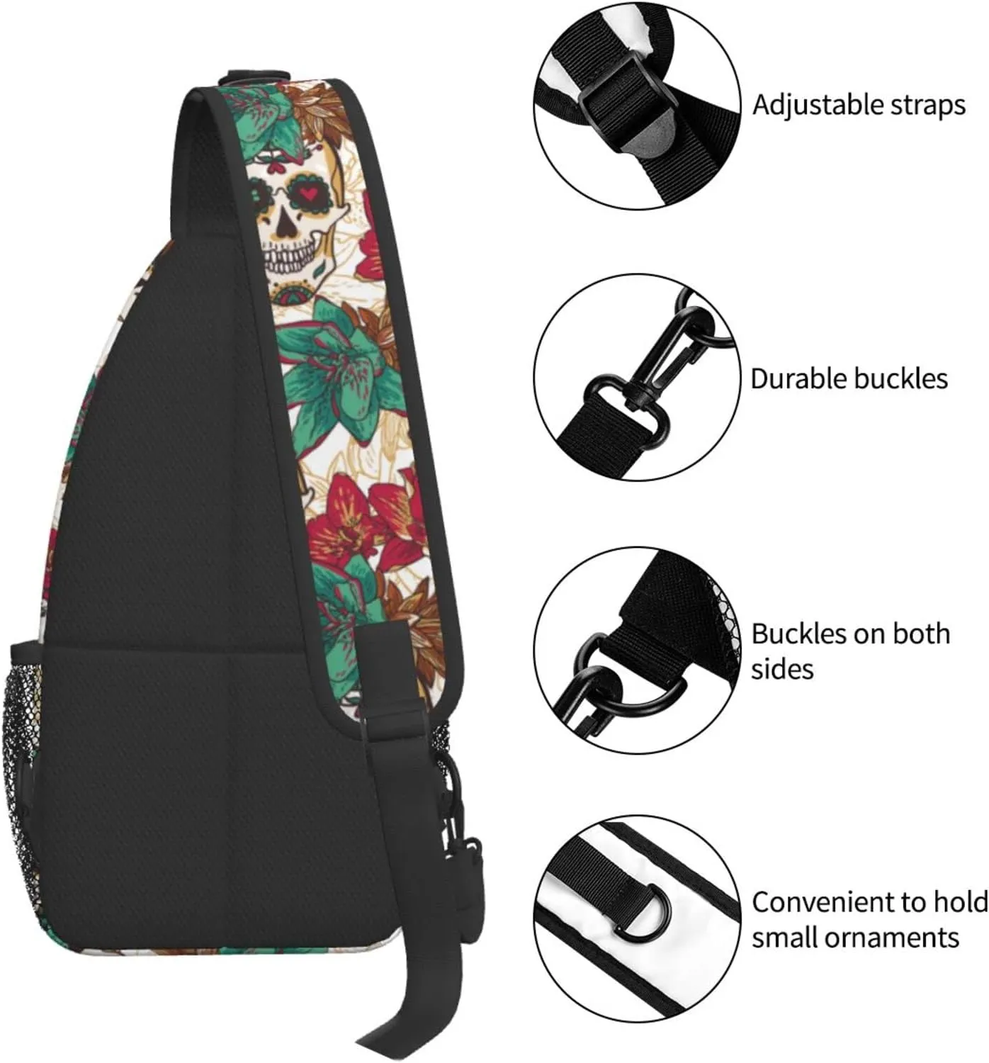 Sling Bag Skull Flower Sugar Crossbody Backpack for Women & Men - Hiking, Travel, Cycling - Lightweight, Small Daypack, One Strap, Chest Bag, Purse, Outdoor