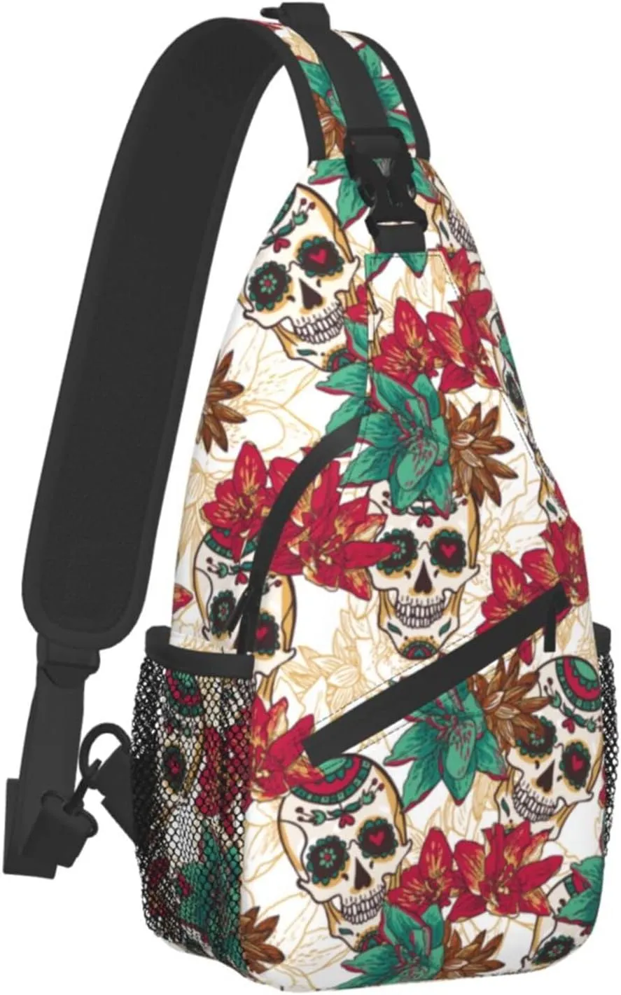 Sling Bag Skull Flower Sugar Crossbody Backpack for Women & Men - Hiking, Travel, Cycling - Lightweight, Small Daypack, One Strap, Chest Bag, Purse, Outdoor