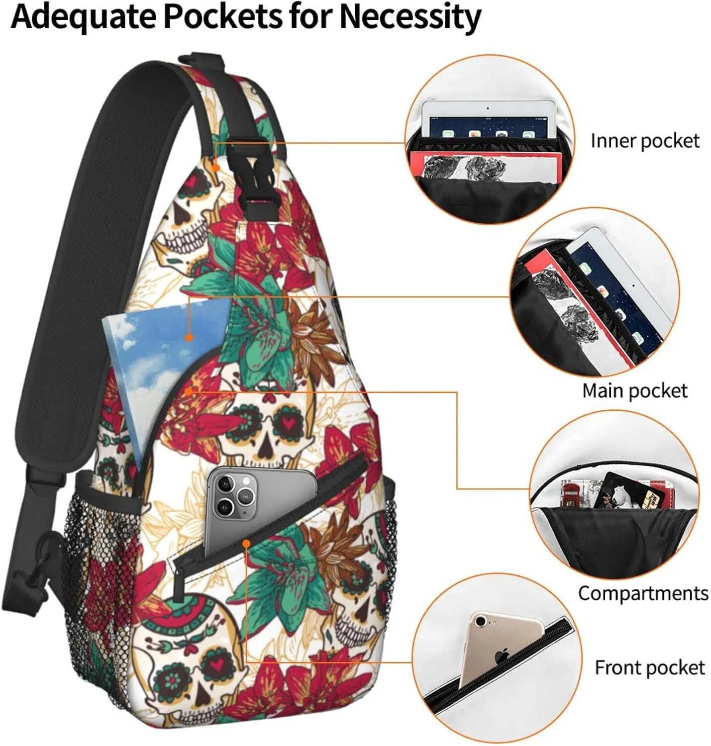 Sling Bag Skull Flower Sugar Crossbody Backpack for Women & Men - Hiking, Travel, Cycling - Lightweight, Small Daypack, One Strap, Chest Bag, Purse, Outdoor