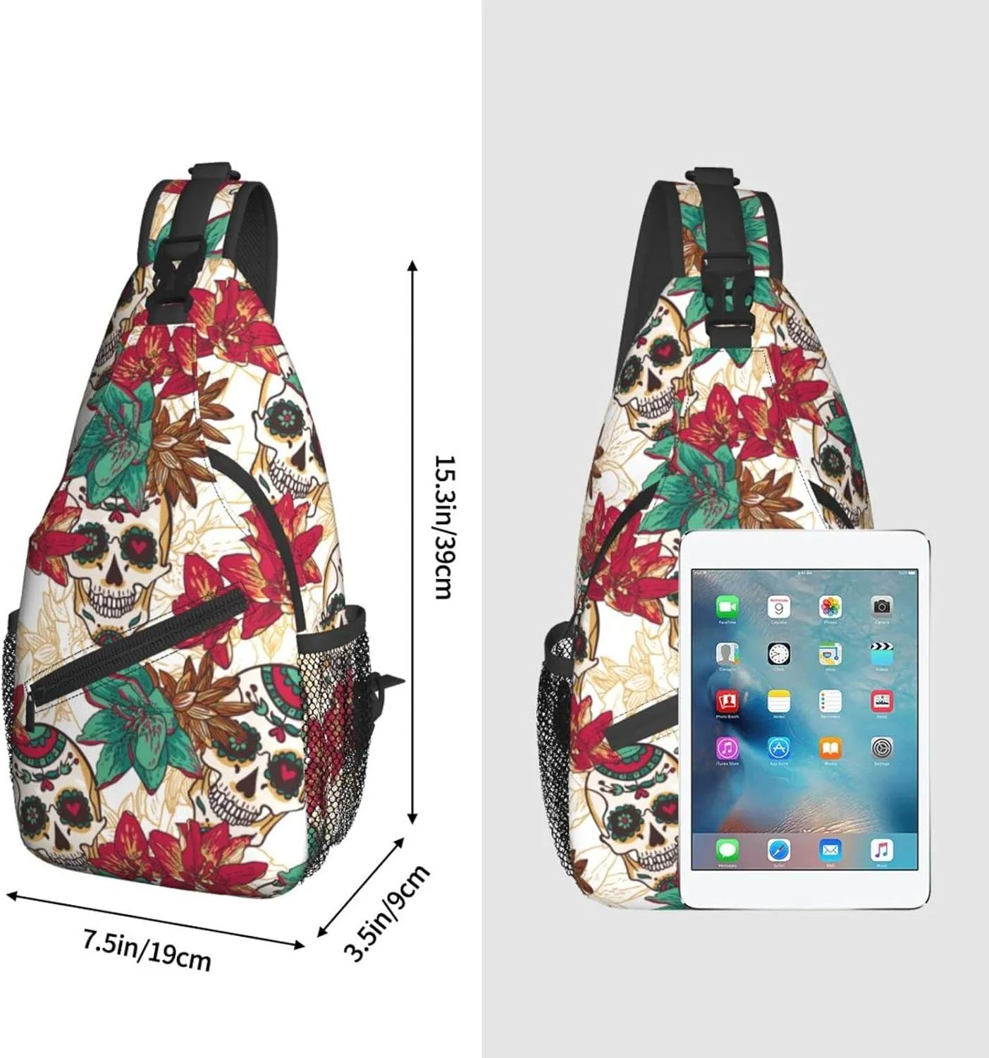 Sling Bag Skull Flower Sugar Crossbody Backpack for Women & Men - Hiking, Travel, Cycling - Lightweight, Small Daypack, One Strap, Chest Bag, Purse, Outdoor