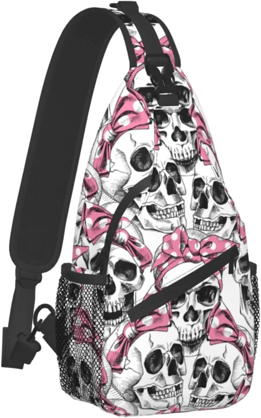 Sling Bag Skull With Headband Crossbody Backpack for Women Men Hiking Travel Over the Shoulder Bag Pouch Small Daypack Casual One Strap Pack Lightweight Cross Chest Bag Purse Outdoor Cycling