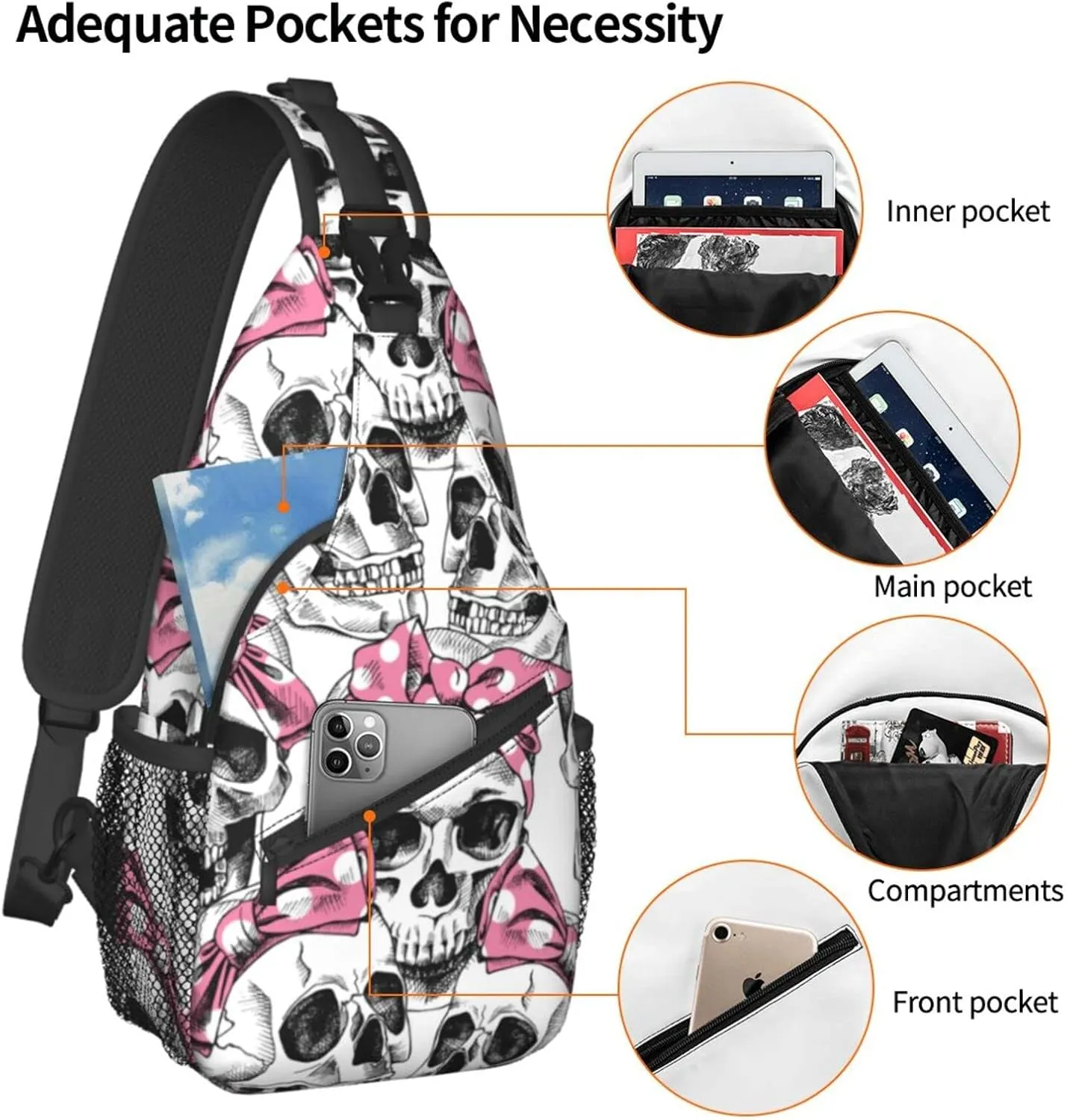 Sling Bag Skull With Headband Crossbody Backpack for Women Men Hiking Travel Over the Shoulder Bag Pouch Small Daypack Casual One Strap Pack Lightweight Cross Chest Bag Purse Outdoor Cycling