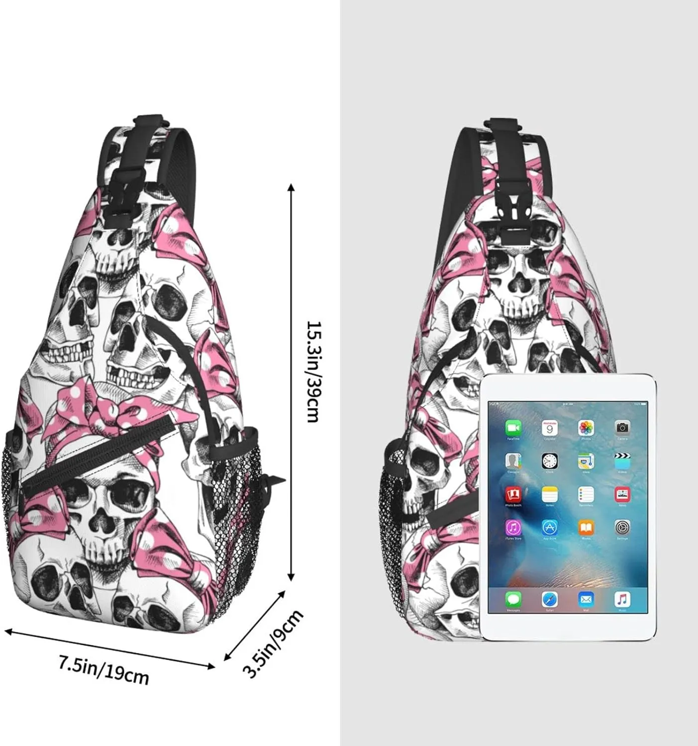 Sling Bag Skull With Headband Crossbody Backpack for Women Men Hiking Travel Over the Shoulder Bag Pouch Small Daypack Casual One Strap Pack Lightweight Cross Chest Bag Purse Outdoor Cycling