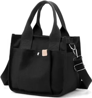 Small Canvas Tote Bag with Zipper, Canvas Multi-Pocket Crossbody Bag Purse Top Handle Satchel Handbags