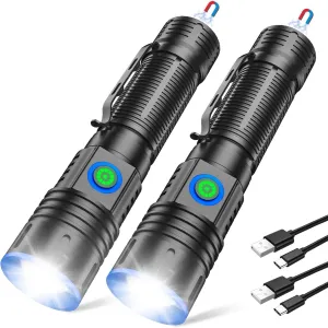 Small Flashlights 20000 High Lumens - LED Rechargeable Flashlight 1500 Meter Long Beam Magnetic Flashlight Zoomable Waterproof for Home Emergency Search Tactical Spotlight Flash Light, 2 Pack