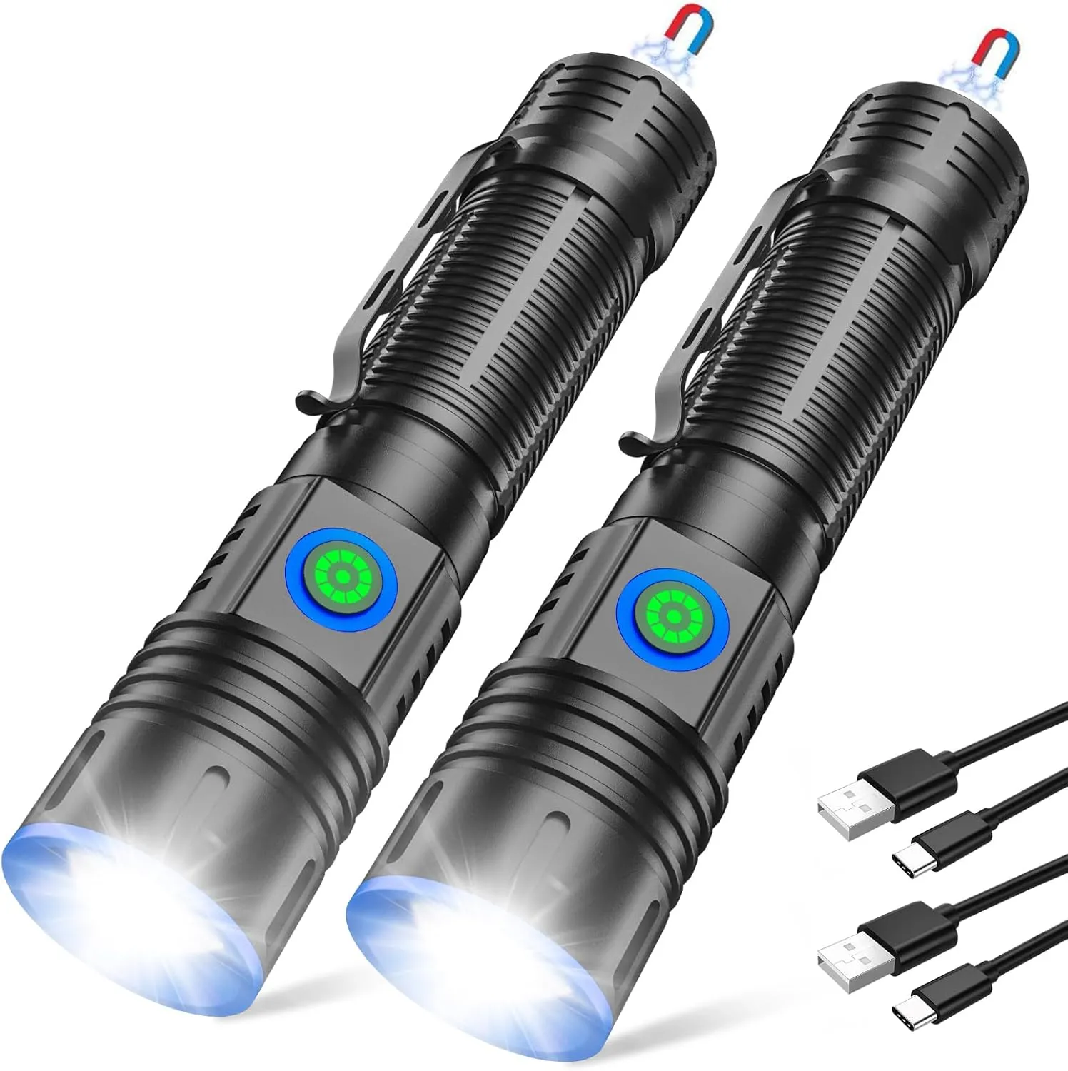 Small Flashlights 20000 High Lumens - LED Rechargeable Flashlight 1500 Meter Long Beam Magnetic Flashlight Zoomable Waterproof for Home Emergency Search Tactical Spotlight Flash Light, 2 Pack