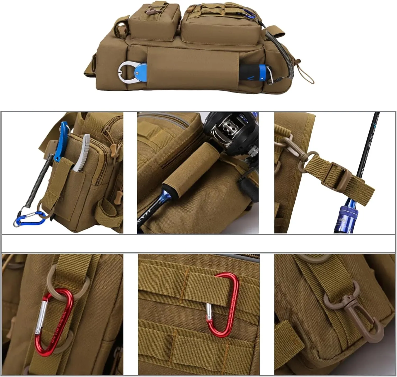 Small Fly Fishing Sling Bag for Men Fishing Tackle Bag with Rod Holder Waterproof Tackle Shoulder Pack for Outdoor Camping Climbing (Khaki Camo)