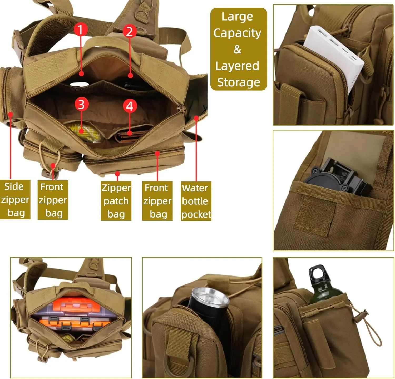 Small Fly Fishing Sling Bag for Men Fishing Tackle Bag with Rod Holder Waterproof Tackle Shoulder Pack for Outdoor Camping Climbing (Khaki Camo)