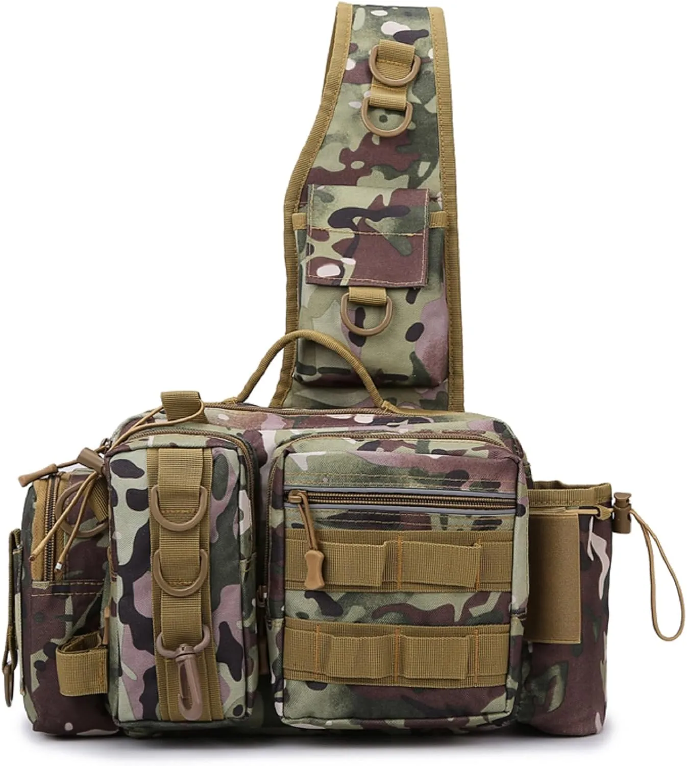 Small Fly Fishing Sling Bag for Men Fishing Tackle Bag with Rod Holder Waterproof Tackle Shoulder Pack for Outdoor Camping Climbing (Khaki Camo)