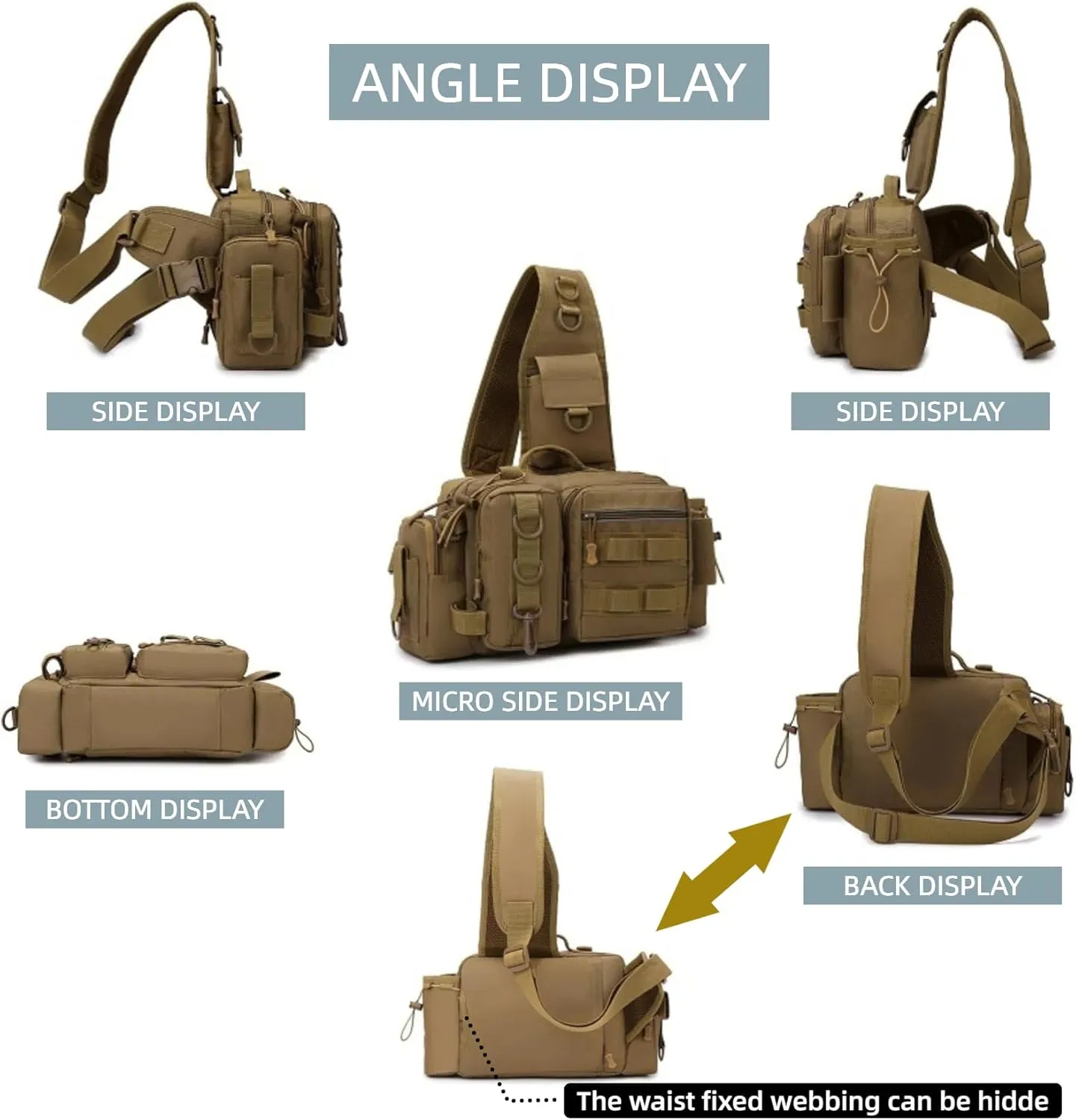Small Fly Fishing Sling Bag for Men Fishing Tackle Bag with Rod Holder Waterproof Tackle Shoulder Pack for Outdoor Camping Climbing (Khaki Camo)